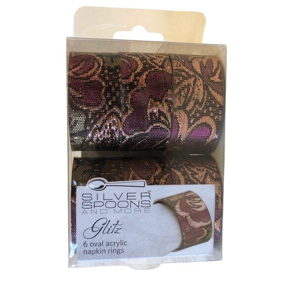 Silver Spoons Napkin Rings Set Of 6 Oval Acrylic Burgandy Gold Glitz Boxed - Picture 5 of 8